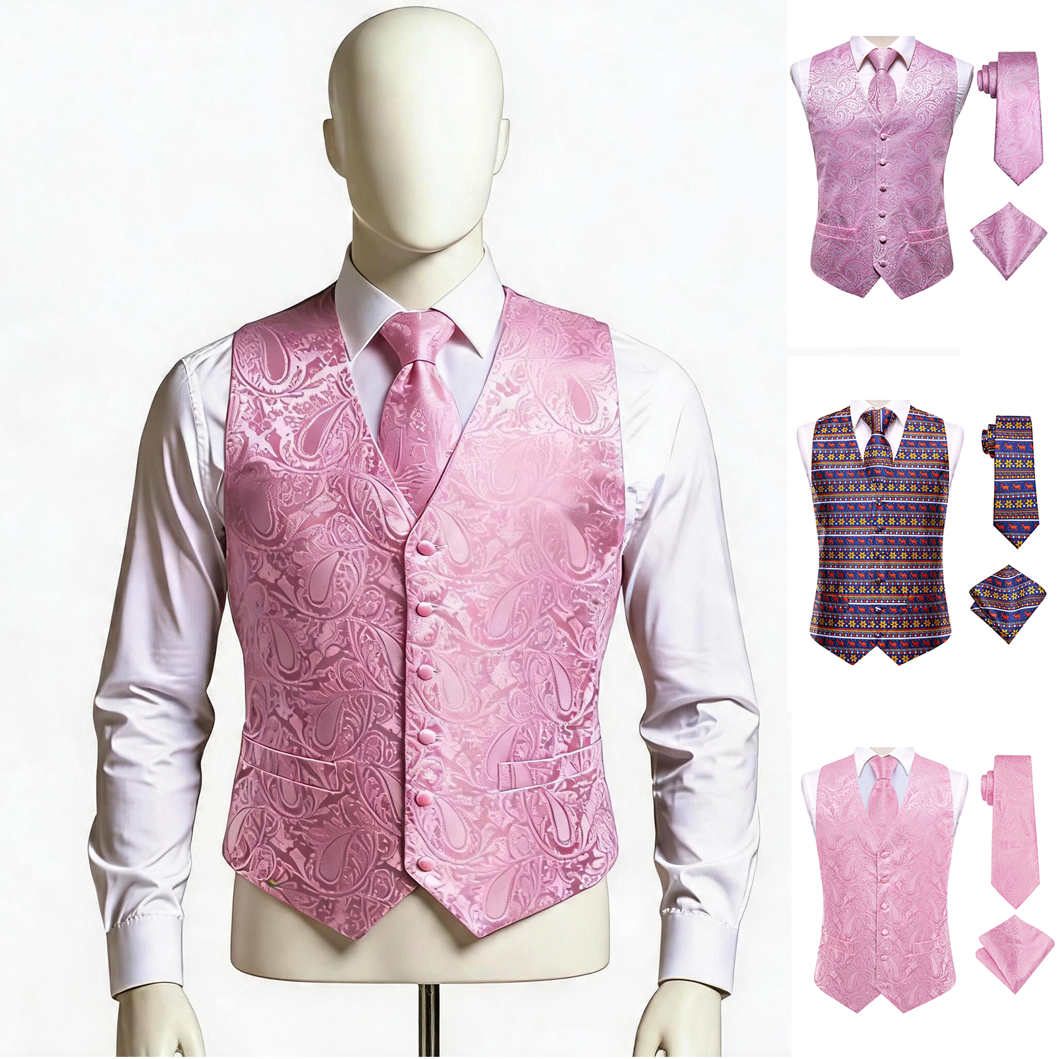 Pocket Square Set - Pink Waistcoat 3 Piece Set, Men