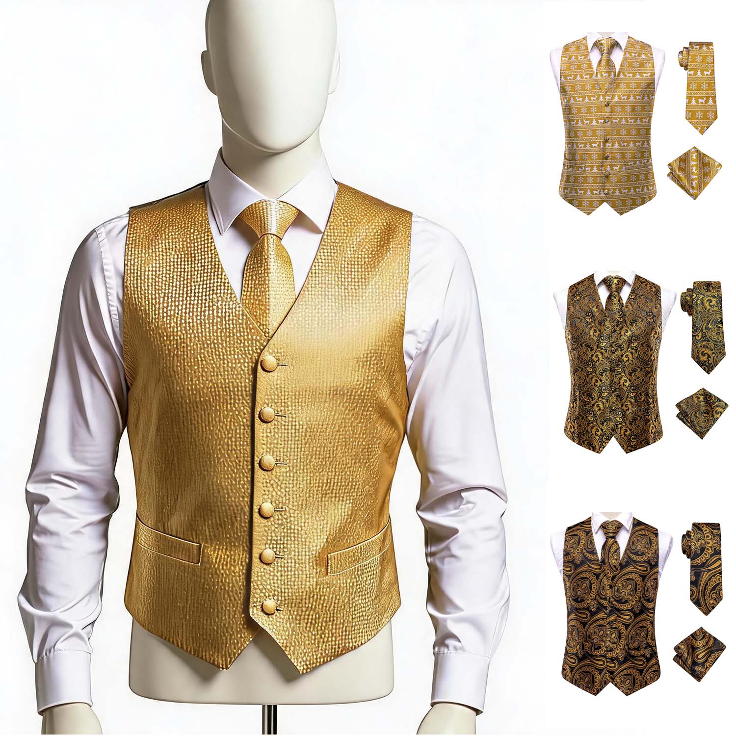 Pocket Square Set - Yellow Gold Orange Waistcoat 3 Piece